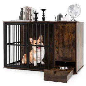 Coffee 2-in-1 Dog Crate End Table With Pull-Out Feeder, Chew-Resistant Metal Tube Pet Furniture