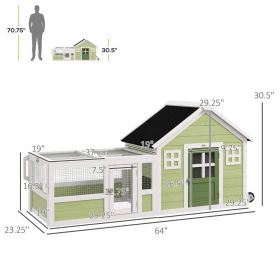 64 Inch Rabbit Hutch With Asphalt Roof, Handle, Wheels, Multicolor