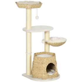 PawHut 47 Cat Tree Activity Center, Climbing Toy With Cattail Fluff, Sisal Scratching Post, And Hanging Ball, Natural