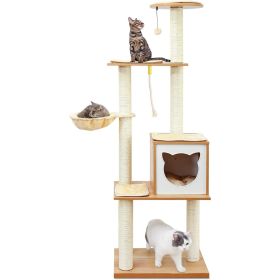 Modern Indoor Cat Tree Wooden Cat Tower Suitable For Cats, Includes Hammock, Scratching Post, And Removable Mat.