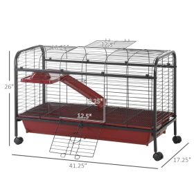 PawHut 41L Small Animal Cage, Pet Play House For Rabbit or Ferret With Feeder, Rolling Wheels, Platform, Ramp