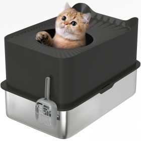 Stainless Steel Enclosed Cat Litter Box with Scoop, Top Entrance, Non-slip Pads, Black