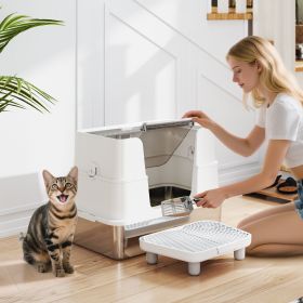 XL Stainless Steel Litter Box W  Flip Top, Scoop, Step, Top & Side Entry Enclosed For Big Cats