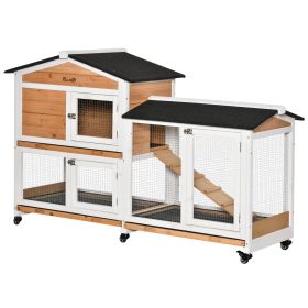 62" Wooden Mobile Rabbit Hutch with Wheels, Run Box, Slide-out Tray, Ramp, Yellow