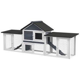 Outdoor Rabbit House 83" 2 Story Deluxe XL Wooden Hutch/Cage w/ Ladder and Run, Dark Gray