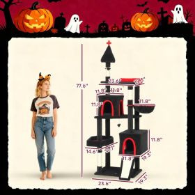 Gothic Cat Tree With Coffin Bed, 2 Spacious Condos, Sisal Scratching Posts, Bat Hanging Balls, Halloween