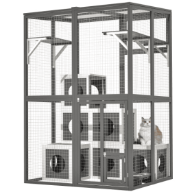 Outdoor Wooden Cat Catio - Large Solid Wood Playpen With 2 Jumping Platforms Walk-in Cat Kennel Condo Shelter