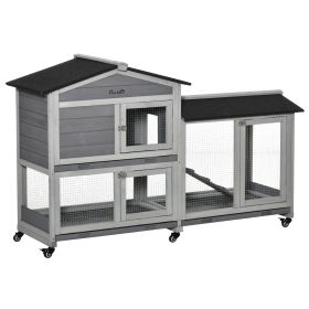 62" Wooden Mobile Rabbit Hutch with Wheels, Run Box, Slide-out Tray, Ramp