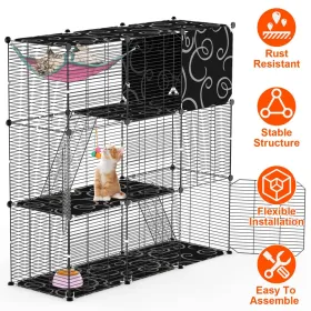 3-Tier Cat Cage Enclosure Indoor Playpen With Hammock Toy Ball Ladder DIY Iron Wire House Kennels Crate