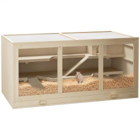 45" Extra Large Wooden Cage with Opening Roof, PVC Window, Small Animal Habitat for Gerbil, Dwarf & Syrian Hamsters or Rats Natural
