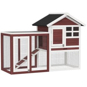 49" Wooden Rabbit Hutch Bunny Cage with Waterproof Asphalt Roof, Fun Outdoor Run, Removable Tray and Ramp, for Rabbits, Chickens, Ducks, Brown