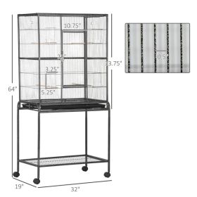 Rolling Metal Bird Cage Feeder With Detachable Rolling Stand, Storage Shelf, Wood Perch & Food Container
