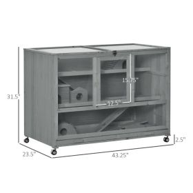 PawHut Wooden 3-Tier Hamster Cage Hutch Box With Ladder Wheels For Small Animals, Dark Gray