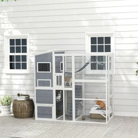 Large Wooden Catio Outdoor With 4 Tier Resting Rooms, 3 Platforms, 1 Soft Ladder, 2 Ramps, 1 Hammock, Gray