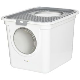Easy Cleaning Covered Kitty Litter Box with Front Entrance, Top Exit, Scoop, for Odor Control, White