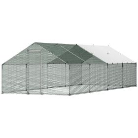 Large Metal Chicken Coop, 9.8 x 26.2 x 6.6 ft, Walk-in Chicken Runs with Waterproof Cover, Spire Roof Hen House Enclosure with Lock