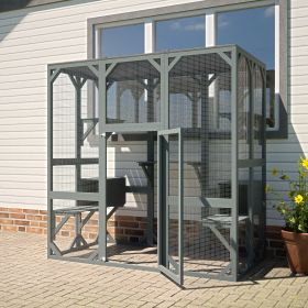 Outdoor Cat House Wooden Catio Enclosure w/Cover Cage with Jump Platforms and Condos, Weatherproof, Grey, 71(L)*37(W)*71(H)