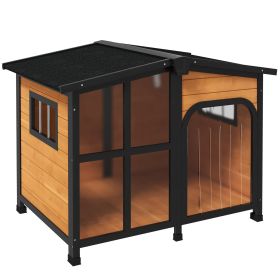 PawHut Outside Cabin-Style Wooden Dog House for Large Dogs with Openable Roof & Giant Window, Asphalt Roof,