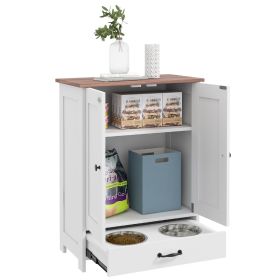 PawHut Dog Feeding Station, Storage Cabinet with Hidden Bowls, Adjustable Panel, Hooks for Medium Sized Dogs