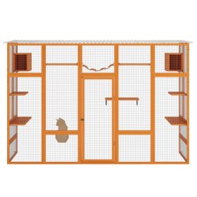 Wooden Enclosure with 6 Jumping Platforms, 2 Cat Condos, Bridge and Scratching Board, Orange