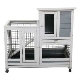 Wooden Rabbit Hutch, Outdoor Pet Bunny House Wooden Cage with Ventilation Gridding Fence, Cleaning Tray