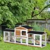 90.5" Wooden Rabbit Hutch Bunny Cage Pet Playpen Double Side Run Boxes, No Leak Tray, Ramp, for Guinea Pig and Small Animals