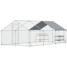 Metal Chicken Coop Run w/ Waterproof Cover, Nesting Box, Roosting Bars, for Outdoor Backyard, 9.8 x 19.7 x 6.4 ft