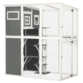 Wooden Cat Catio, 66.5"L Walk in Outdoor Cat House with PVC Weather Protection Roof, Multiple Platforms