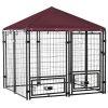 Outdoor Dog Kennel, Run, Large Wire Steel Fence, Lockable Pet Playpen Enclosure, with Water-, UV-Resistant Canopy Top, Door, Rotating Bowl Holders