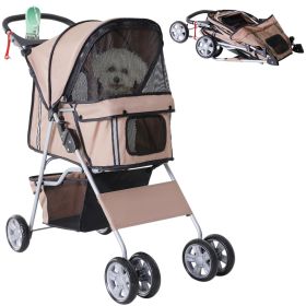 4 Wheel Dog Pet Stroller Carrier Folding Sunshade Canopy with Brake, Safety Leash, Cup Holder, Brown