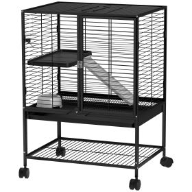 Rolling Small Animal Cage 34"H Chinchilla Cage for Ferrets, Squirrels w/ Removable Tray, Storage Shelf, Black