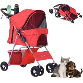 Foldable Pet Stroller Carrier with Storage Basket and Cup Holder Wheels