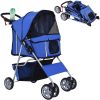 4 Wheel Dog Pet Stroller Carrier Folding Sunshade Canopy with Brake, Safety Leash, Cup Holder, Blue