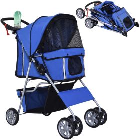 4 Wheel Dog Pet Stroller Carrier Folding Sunshade Canopy with Brake, Safety Leash, Cup Holder, Blue