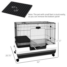 PawHut 2-Level Small Animal Cage Rabbit Hutch With Wheels, Removable Tray, Platform And Ramp For Bunny, Chinchillas or Ferret, Black