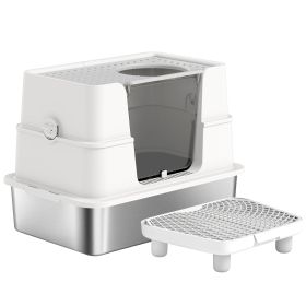 XL Stainless Steel Litter Box w/ 100Â° Flip Top, Scoop, Step, Top & Side Entry Enclosed Litter Box for Big Cats