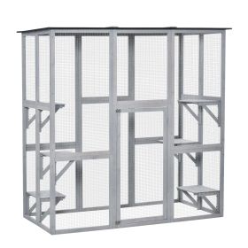 Large Outdoor Catio Enclosure, Weatherproof Cat House with Asphalt Roof, Wooden Cat Patio Cage with 6 Balanced Platforms, 71" x 39" x 71", Grey