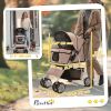 4 Wheel Dog Pet Stroller Carrier Folding Sunshade Canopy with Brake, Safety Leash, Cup Holder, Brown