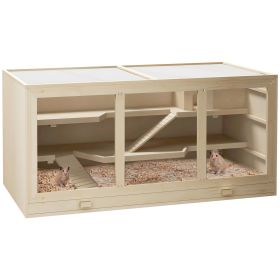 Wooden Hamster Cage Rat Cage with Slide, Tray, Natural Wood