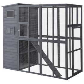 Wooden Outdoor Catio with Platforms, Asphalt Roof, Ramps, Gray
