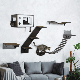 PawHut Cat Shelves With Ergonomically Curved Platform, Cozy Cat House And Flat Perch, Wall-Mounted Cat Tree Climbing Playground,