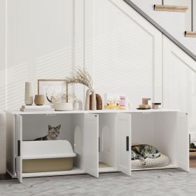 Cat Litter Box Enclosure With Double Room, Scratching Mat For 2 Cats, 57 X 19 X 20, White