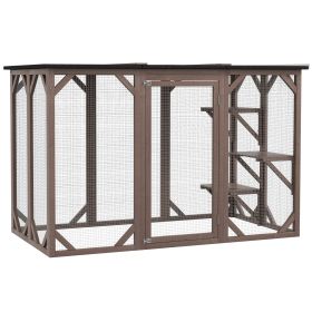 Outdoor Catio Wooden Feral Cat Shelter with Platforms, Large Enter Door, Weather Protection Asphalt Roof, 71" L, Brown