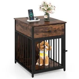 Black+Brown 2-in-1 Dog Crate End Table With Charging Station, Chew-Resistant Metal Tube Pet Furniture