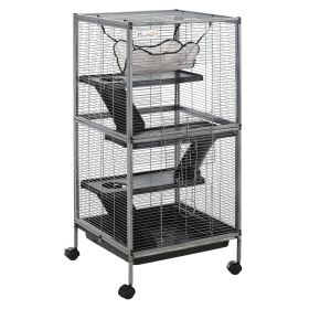 Metal Small Animal Rolling Big Ferret, Chinchilla, Sugar Glider Cage, with Hammock & 4 Tiers, Removable Tray, Gray