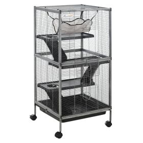 PawHut Metal Small Rolling Animal Cage For a Big Ferret or Chinchilla With Sugar Glider, Hammock & 4 Tiers, Removable Tray, Gray