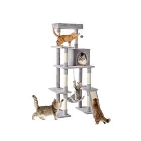 63-inch Cat Tree Tower, Climbing Tower, Natural Sisal Grabber Posts, Extended Platform, Hammock (Option: Light Grey)