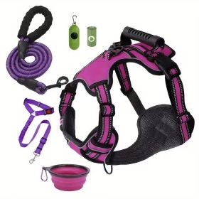 Tactical Service Dog Harness Strap Set, Car Seat Belt, Collapsible Bowl, Biodegradable Trash Bag (Option: Purple-XL)