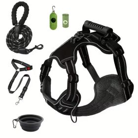 Tactical Service Dog Harness Strap Set, Car Seat Belt, Collapsible Bowl, Biodegradable Trash Bag (Option: Black-XL)