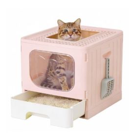 Covered Foldable Cat Litter Box With Cat Litter Scoop Easy-to-clean Drawer Design (Option: Pink)